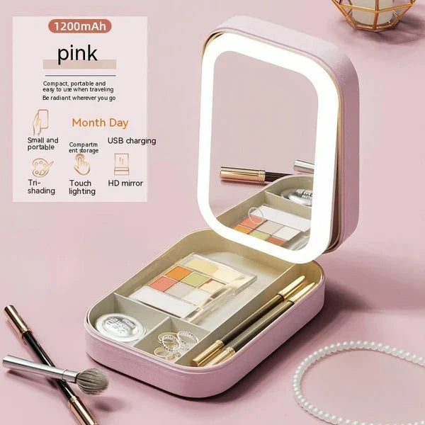 Portable Makeup Storage Box with LED Light Mirror (UAE Delivery Time: 1-3 Days) Achieveallmart
